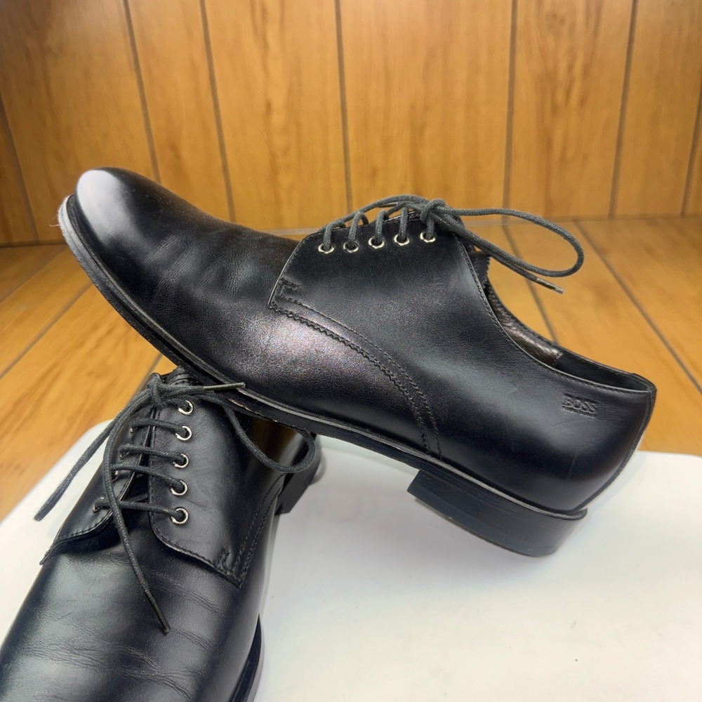 Hugo Boss Mens Black Leather Plain Toe Derby‎ Dress Shoes 8 50200689